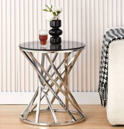 Comfy Living Ltd Round Geometric Design Metal Side Table With Tinted Glass Tempered Top in Silver - Size: 1 Pack