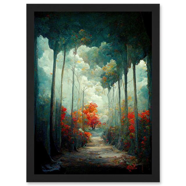 Artery8 Autumn Forest Path Landscape Scene Painting Artwork Framed Wall Art Print A4 in Black - image 1