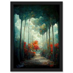 Artery8 Autumn Forest Path Landscape Scene Painting Artwork Framed Wall Art Print A4 in Black - thumbnail 1