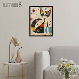 "Artery8 Abstract Mid Century Modern Atomic Cat Framed Canvas Wall Art Print in Beige - Size: W18"" x H24""" - thumbnail 3