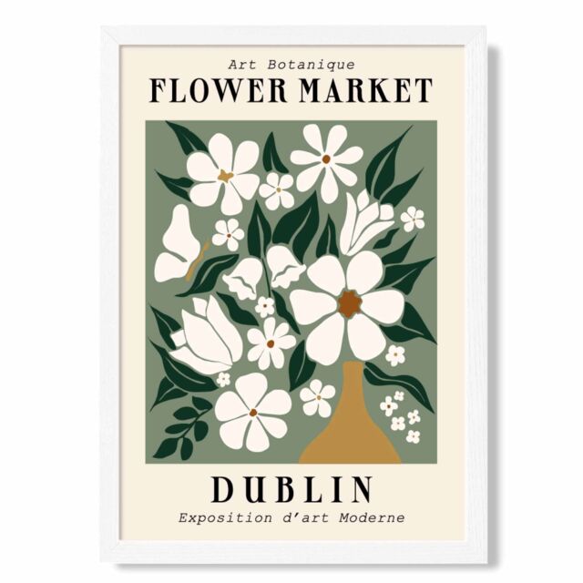 ARTZE Dublin Green & White Flower Market Exhibition Framed Print SIZE: A2 with White Frame in Beige - Size: A4 - image 1