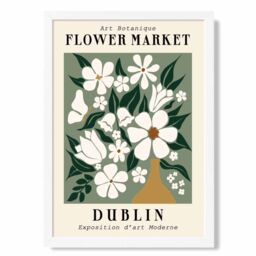 ARTZE Dublin Green & White Flower Market Exhibition Framed Print SIZE: A2 with White Frame in Beige - Size: A4