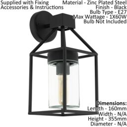 Loops IP44 Outdoor Wall Light Black & Square Glass shade 1x 60W E27 Bulb Porch Lamp - thumbnail 2