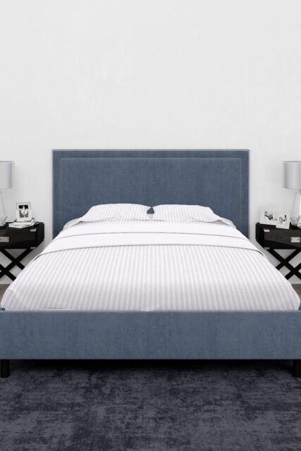Neel Blue 300TC Cotton Fitted Sheet, White Satin Stripe, Double, 135x190x30cm - Size: Double - image 1