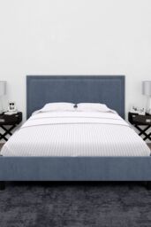Neel Blue 300TC Cotton Fitted Sheet, White Satin Stripe, Double, 135x190x30cm - Size: Double