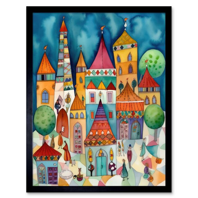 "Artery8 Wall Art Print Town Market Square Afternoon Shoppers Folk Art Watercolour Painting Art Framed in Black - Size: W12"" x H16""" - image 1