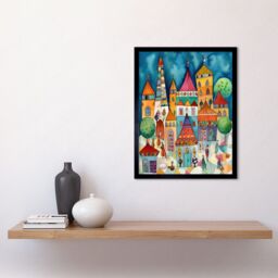 "Artery8 Wall Art Print Town Market Square Afternoon Shoppers Folk Art Watercolour Painting Art Framed in Black - Size: W12"" x H16""" - thumbnail 2