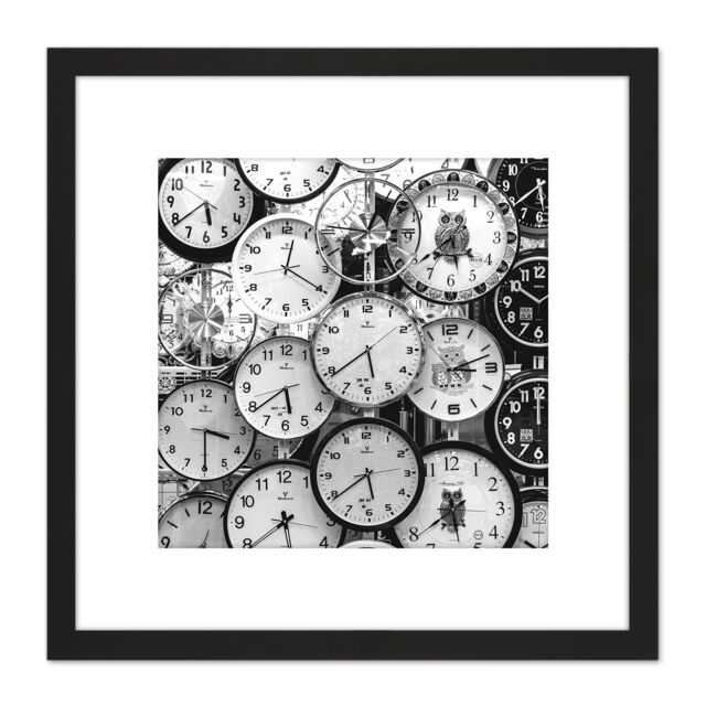 Artery8 Clock Faces Time Black White Photo 8X8 Inch Square Wooden Framed Wall Art Print Picture with Mount - image 1