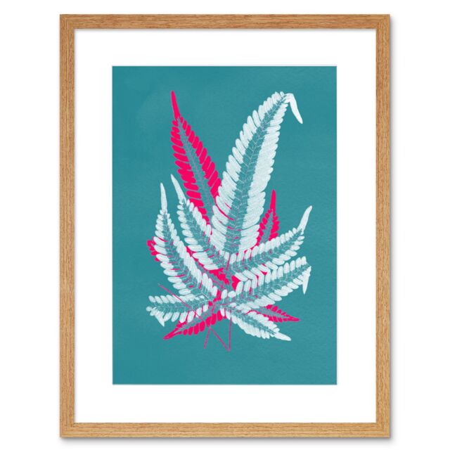 "Artery8 Wall Art Print Bright Coloured Fern Teal Pink Art Black Framed 9x7 inch in Beige - Size: W7"" x H9""" - image 1