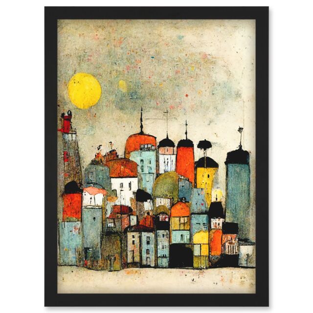 Artery8 Mid Day Sun Town Skyline Artwork Framed Wall Art Print A4 in Black - image 1