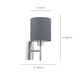 Eglo Pasteri Satin Nickel Metal & Fabric Wall Light in Dark Grey - thumbnail 3