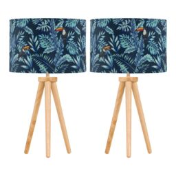 First Choice Lighting Set of 2 Light Oak Table Lamp Bedside Lights with Toucan Velvet Shades in Brown