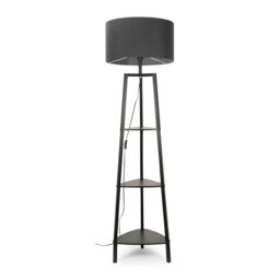 ValueLights Hiru Black 3 Tier Wooden Shelf Floor Lamp with Large Drum Shade in Charcoal - thumbnail 5