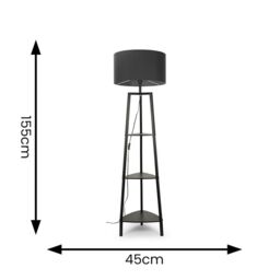 ValueLights Hiru Black 3 Tier Wooden Shelf Floor Lamp with Large Drum Shade in Charcoal - thumbnail 6