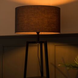 ValueLights Hiru Black 3 Tier Wooden Shelf Floor Lamp with Large Drum Shade in Charcoal - thumbnail 1