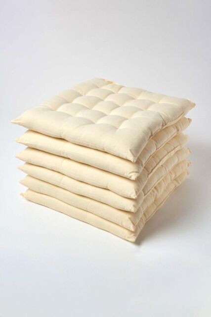 Homescapes 6 Pack Seat Pads Luxury 100% Cotton Indoor Outdoor Garden Cushion, 40cm in Cream - Size: 40 cm x 40 cm - image 1