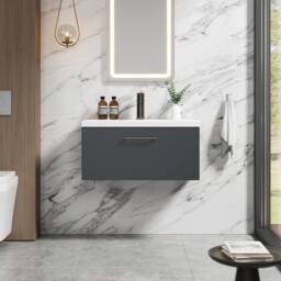 Balterley 800mm Wall Hung 1 Drawer Vanity Basin Unit, Dark Grey, Pewter Handle in Grey - thumbnail 2