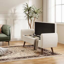 KORVIXA Beige Teddy Velvet Upholstered Pouffe Storage Bench - Size: 100 cm x 100 cm - thumbnail 4