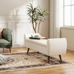 KORVIXA Beige Teddy Velvet Upholstered Pouffe Storage Bench - Size: 100 cm x 100 cm - thumbnail 3