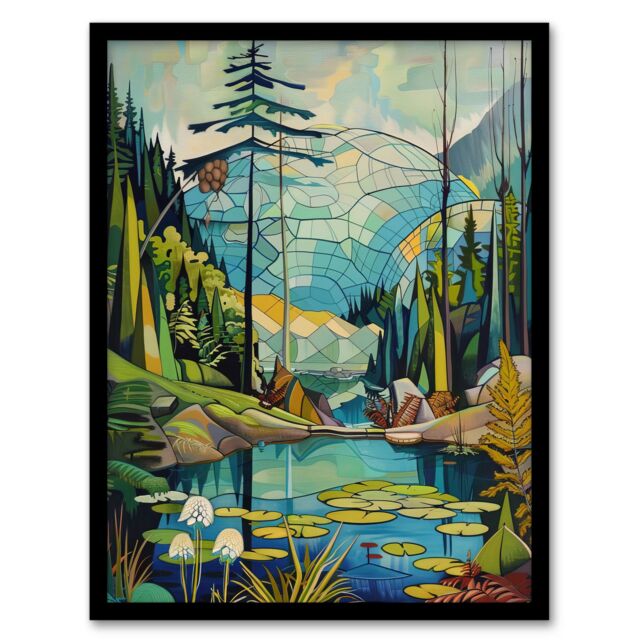 Artery8 The Eden Project Dome Stylised Painting Hippy Framed Art Print in Blue - Size: A4 - image 1
