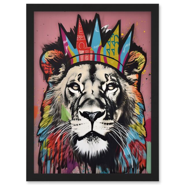 Artery8 Lion with Crown King of the Jungle Modern Pop Art Artwork Framed Wall Art Print A4 in Black - image 1