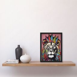 Artery8 Lion with Crown King of the Jungle Modern Pop Art Artwork Framed Wall Art Print A4 in Black - thumbnail 2