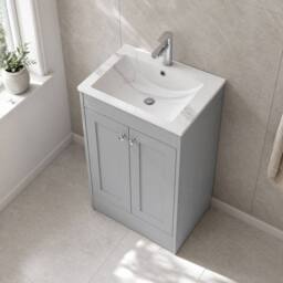 Balterley 600mm Floor Standing 2 Door Unit, Stone Basin 1 Tap Hole - Satin Grey - thumbnail 3