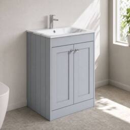 Balterley 600mm Floor Standing 2 Door Unit, Stone Basin 1 Tap Hole - Satin Grey - thumbnail 4