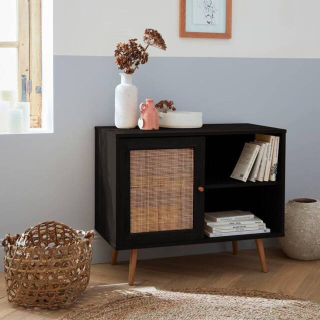 sweeek 80cm scandi-style storage cabinet with wooden & cane rattan in Black - image 1