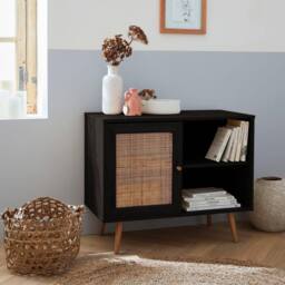 sweeek 80cm scandi-style storage cabinet with wooden & cane rattan in Black - thumbnail 1