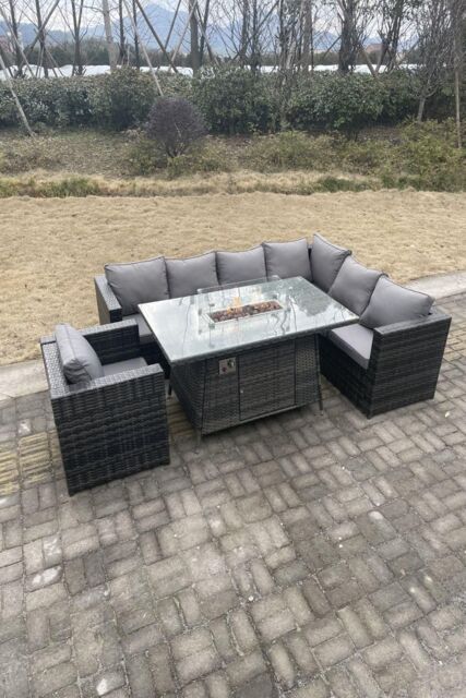 Fimous Rattan Garden Corner Furniture Gas Fire Pit Dining Table Heater Sets Lounge Chair 7 Seater in Dark Grey - image 1