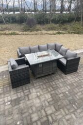 Fimous Rattan Garden Corner Furniture Gas Fire Pit Dining Table Heater Sets Lounge Chair 7 Seater in Dark Grey - thumbnail 1