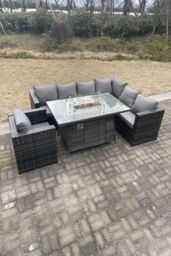 Fimous Rattan Garden Corner Furniture Gas Fire Pit Dining Table Heater Sets Lounge Chair 7 Seater in Dark Grey - thumbnail 3