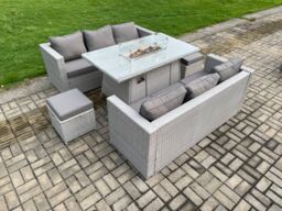 Fimous Garden Dining Sets Outdoor PE Rattan Furniture Gas Fire Pit Dining Table Gas Heater with 2 Small Footstool in Light Grey - thumbnail 1