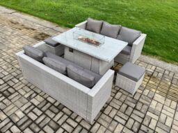 Fimous Garden Dining Sets Outdoor PE Rattan Furniture Gas Fire Pit Dining Table Gas Heater with 2 Small Footstool in Light Grey - thumbnail 3