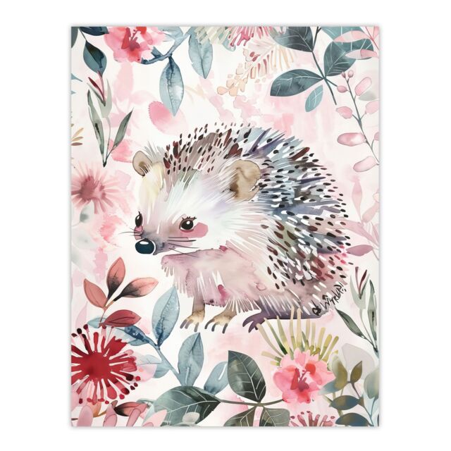 "Artery8 Cute Pastel Hedgehog in Wildflowers Watercolour Wall Art Print in Pink - Size: W24"" x H32""" - image 1