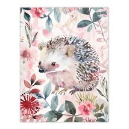 "Artery8 Cute Pastel Hedgehog in Wildflowers Watercolour Wall Art Print in Pink - Size: W24"" x H32""" - thumbnail 1