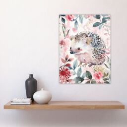 "Artery8 Cute Pastel Hedgehog in Wildflowers Watercolour Wall Art Print in Pink - Size: W24"" x H32""" - thumbnail 4