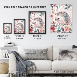"Artery8 Cute Pastel Hedgehog in Wildflowers Watercolour Wall Art Print in Pink - Size: W24"" x H32""" - thumbnail 3
