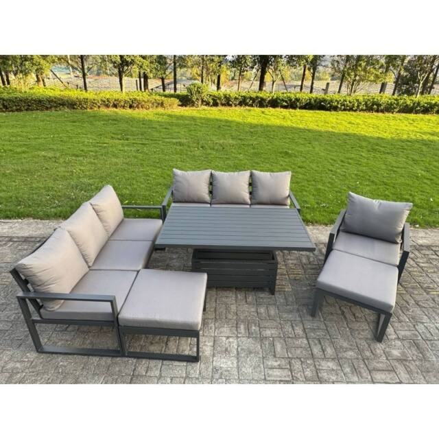 Fimous Aluminum 9-Seater Patio Set with Lifting Table & 2 Big Stools in Dark Grey - image 1