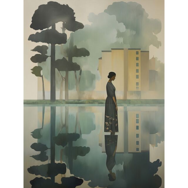 "Artery8 Wall Art Print Reflecting & Reflection of Calm Artwork Modern Simple Calming Soft Painting Flat Lake Trees Poster in Grey - Size: W24"" x H32""" - image 1