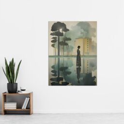 "Artery8 Wall Art Print Reflecting & Reflection of Calm Artwork Modern Simple Calming Soft Painting Flat Lake Trees Poster in Grey - Size: W24"" x H32""" - thumbnail 2