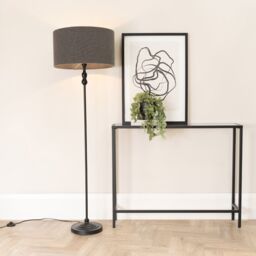 ValueLights Maggie Black Candlestick Floor Lamp with Charcoal Boucle Lamp Shade & LED Bulb - thumbnail 1