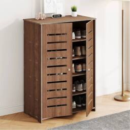 SPETLEK 5 Tier 2 Door Wooden Shoe Storage Cabinet Rack Stand Cupboard Unit in Brown - thumbnail 5