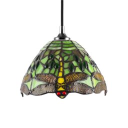 Happy Homewares Dragonfly Themed Stained Glass Tiffany Pendant Lighting Shade with Beads in Green