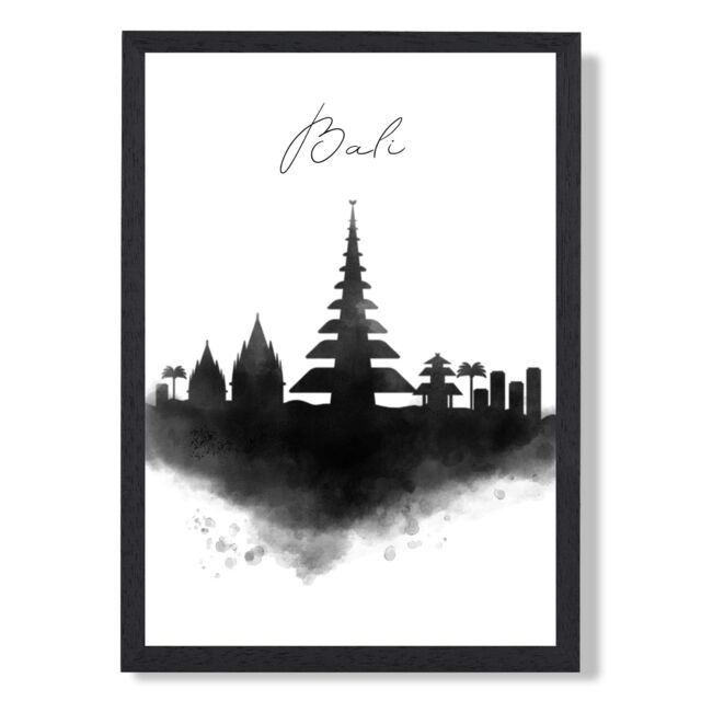 ARTZE Bali Watercolour Skyline City Framed Print SIZE: A2 with Black Frame - Size: A4 - image 1