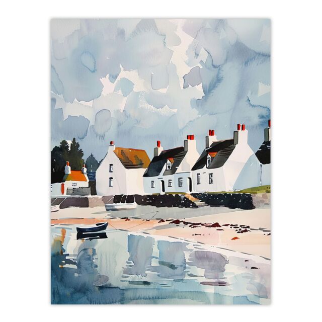 "Artery8 Isle Jura Fisherman Seaside Cottages Watercolour Wall Art Print in Blue - Size: W24"" x H32""" - image 1