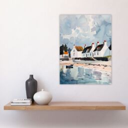 "Artery8 Isle Jura Fisherman Seaside Cottages Watercolour Wall Art Print in Blue - Size: W24"" x H32""" - thumbnail 4