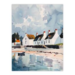 "Artery8 Isle Jura Fisherman Seaside Cottages Watercolour Wall Art Print in Blue - Size: W24"" x H32""" - thumbnail 1