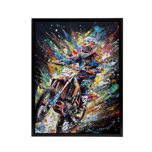 "Artery8 Motorcycle Motocross Rider Colourful Framed Canvas Wall Art Print - Size: W12"" x H16""" - image 1